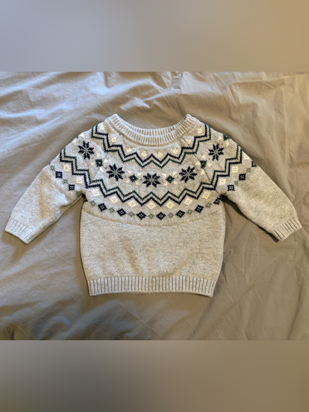 Carter’s 6M Cozy Fair Isle Crewneck Sweater - Light Gray Snowflake